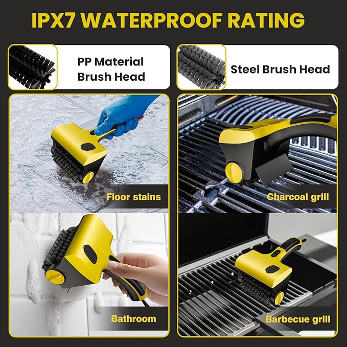 Electric Grill Brush for Outdoor, Cordless Rechargeable Grill Brush with Water & Cleaning Solution Tank, IPX7 Waterproof, 304 Stainless Steel, Automatic Grill Cleaner for BBQ Grates