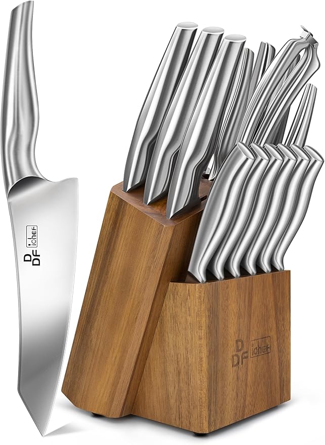 16-Piece Knife Set, High-Carbon Stainless Steel, Dishwasher Safe | Razor Sharp Knife Block Set, Silver Kitchen Knife Set with Block and Sharpener, Ergonomic Hollow Handles