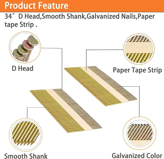 34°Framing Nails,Smooth Shank,2",2-1/2",3",3-1/2":1000pcs | D Head Nail Pack,Galvanized Paper Tape Strip Nails,Smooth Shank,for 30 to 34 Degree Framing Nailer