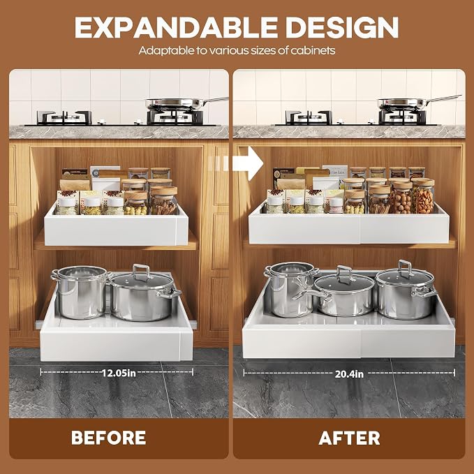 Seinloes 2Pack Expandable Pull Out Cabinet Organizer 21"Deep With Raising Pad for Framed Cabinets, Upgrade 3 Slide Rails Slide Out Drawers, Roll Out Shelves Adhesive,Adjustable Width 12.05"-20.4"White