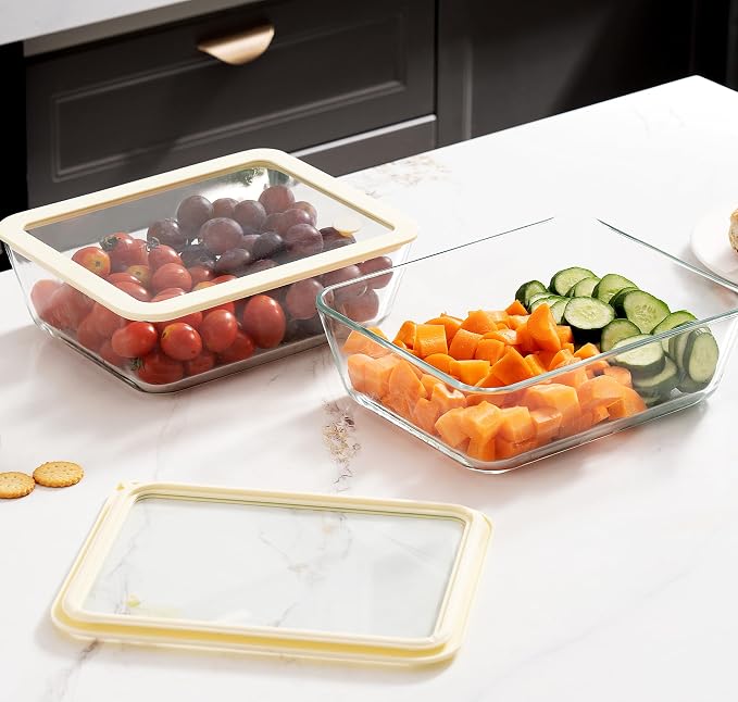 Glass Food Container Set with Glass Lid, Large Meal Prep Container Set, Airtight Food Storage Containers with Air Vent Lid, 2 Pack, Large, 87oz, LeakProof, 100% Plastic Free, White color,