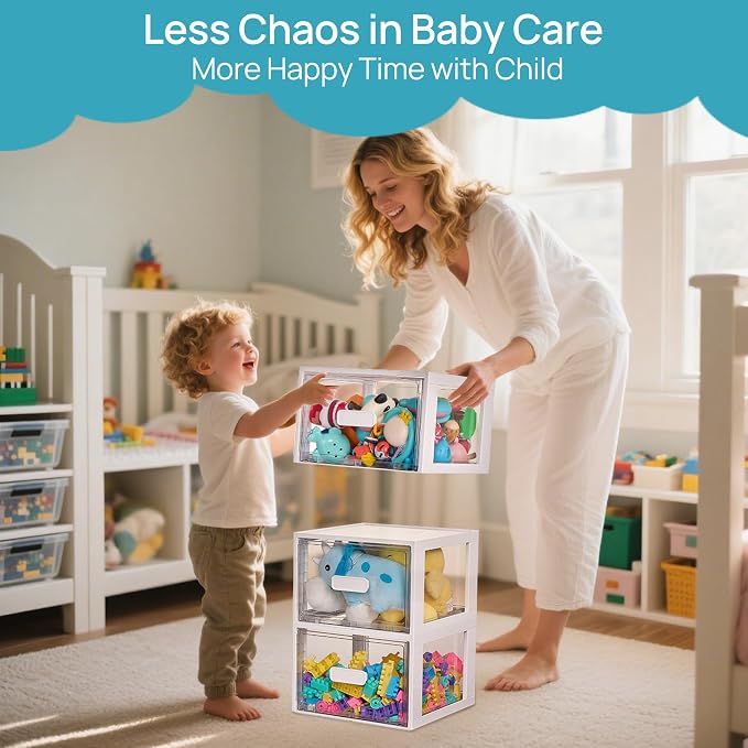 Vtopmart 4 Pack White Stackable Storage Drawers 15QT, Easily Assemble Closet Organizers,Plastic Storage Bins for Bathroom,Cabinet,Kitchen Pantry,Under Sink Organization(Medium)