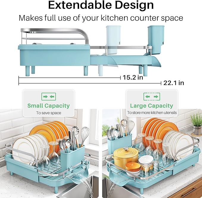 SNTD Dish Drying Rack, Expandable Dish Rack for Kitchen Counter, Stainless Steel Dish Drainer with Drainboard Set and Utensil Holder (Blue)