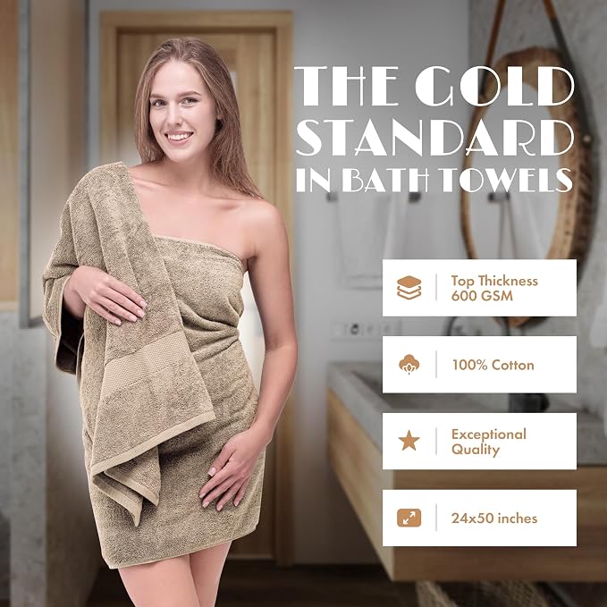 White Classic Wealuxe Taupe Bath Towels 24x50 Inch, Cotton Towel Set for Bathroom, Hotel, Gym, Spa, Soft Extra Absorbent Quick Dry 6 Pack