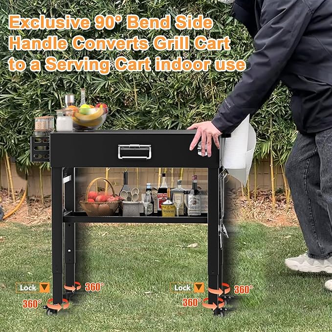 Quick-Fold Grill Cart for Ninja Woodfire & Blackstone | 28/34 in height,4 locking wheels,fits to griddles,pizza ovens and tabletop grills