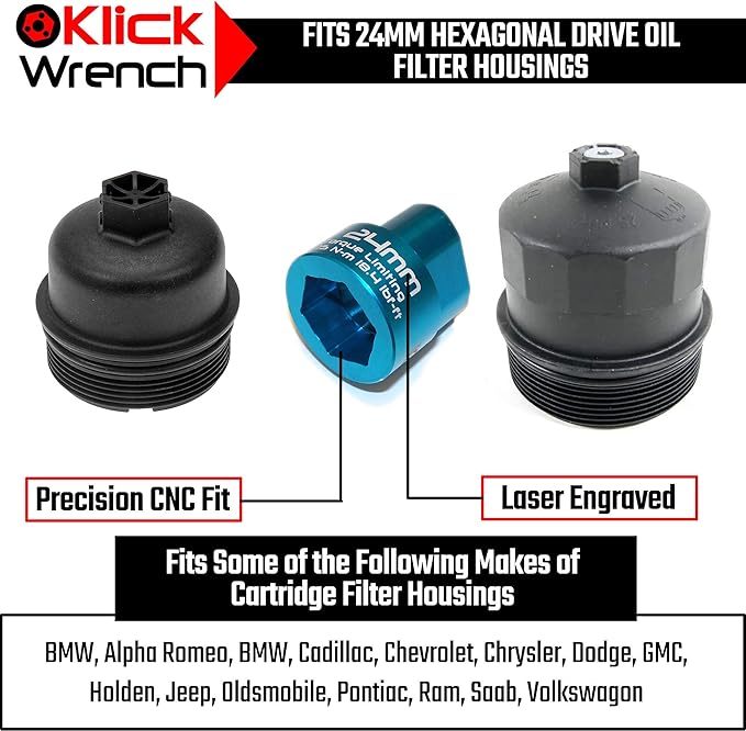 2 Stage 24mm Torque Limiting Oil Filter Wrench, Blue, 6061-T6 Aluminum