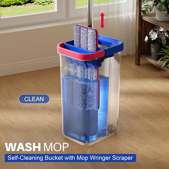 JOYMOOP Flat Mop System, Microfiber Mop and Bucket Set, Black, Floor & Wall Cleaning Mop for Home & Commercial Use, 60" Long Handle, Includes 5 Washable Pads