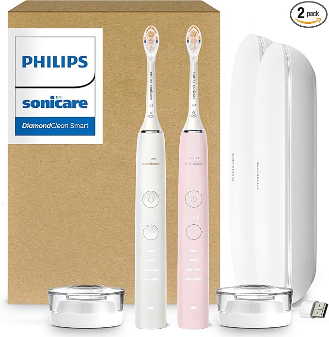 Philips Sonicare DiamondClean 9000 Electric Toothbrush - Sonic Toothbrush with App, Pressure Sensor, 12 Brushing Settings, Replacement Reminder, Charging Travel Case, White & Pink, 2-Pack, HX9912/72