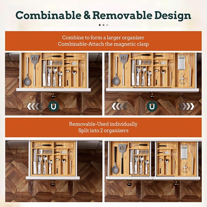 Silverware Organizer Large, Magnetic Connected Expandable 13 Slots Silverware Drawer Organizer From 21 to 37.4 Inches, Adjustable Flatware and Cutlery Holder, Bamboo Utensil Tray for Kitchen Natural