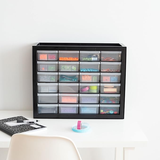 IRIS USA 24-Drawer Plastic Storage Organizer, Made in USA, Teacher Toolbox, Multi Drawer Cabinet For Garage Tools Beads Balloons Building Bricks Crafts Stickers Small Business Scrapbook Art, Black