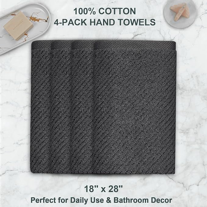 VOOVA & MOVAS Hand Towels 4PC, 100% Cotton, 18x28 in, Dark Grey | Thick, Quick Dry, Absorbent, Soft, Bathroom Essentials, Ideal For Daily Shower, Face Washing, Gym