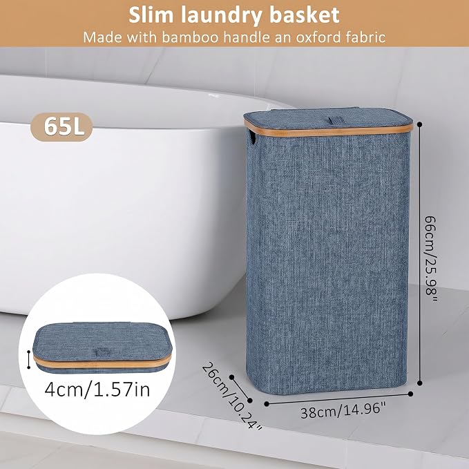 iEGrow 65L Slim Laundry Hamper, Narrow Laundry Basket with Lid,Foldable Clothes Hamper with Bamboo Handles,Hamper Basket with Removable Inner Bag for Laundry Room Bedroom College Dorm,17.17 Gals Blue