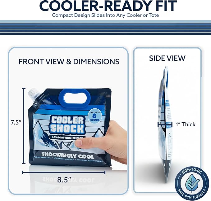Cooler Shock Reusable Ice Packs for Cooler - Long Lasting Cold Freezer Packs for Coolers and Lunch Boxes - Cooler Ice Packs for Camping Gear, Fishing, Road Trips, Beach Must Haves