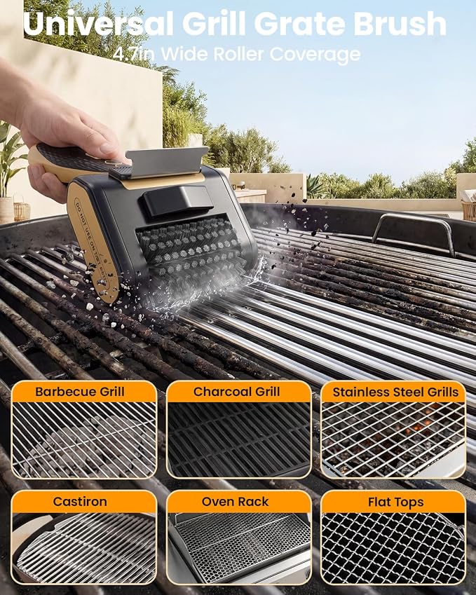 Electric Grill Brush for Outdoor Grill, Cordless BBQ Cleaner with LED Light, Scraper, Dishwasher‑Safe Bristles, 4000 mAh Battery, Rechargeable Power Grill Scrubber (Gold)