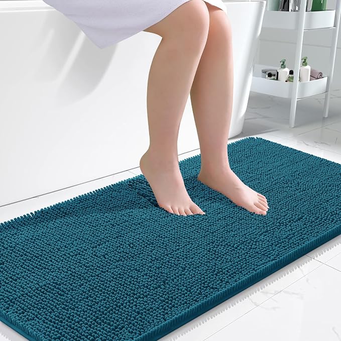 OLANLY Bathroom Runner Rugs 47x24, Soft Absorbent Chenille Bath Rugs, Rubber Backing Quick Dry, Machine Washable Long Bath Mats for Bathroom Floor, Tub and Shower, Home Decor Accessories, Peacock Blue