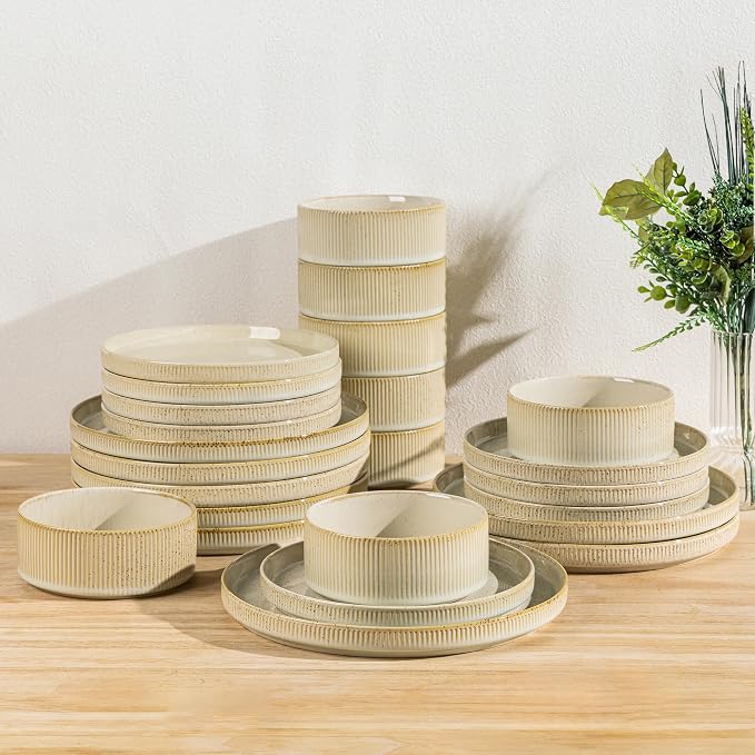 TheTerra Ceramic Dinnerware Sets for 8, 24 Pieces Porcelain Lightweight Speckled Plates and Bowls Sets, Scratch Resistant Dish Set, Oven & Microwave & Dishwasher Safe, Cappuccino
