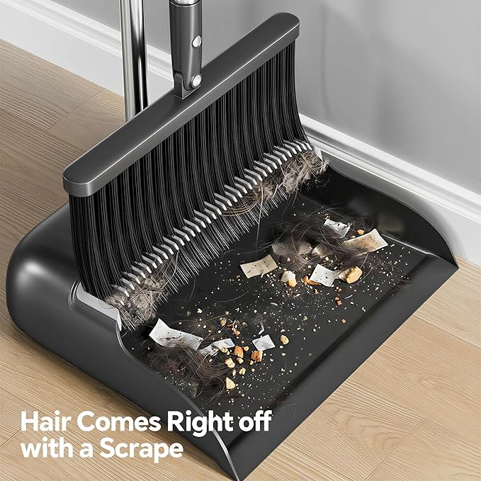 Spreezy Broom with Dustpan Combo Set, 52" Long Handle Standing Dustpan Set, Upright Dustpan with Cleaning Teeth, Indoor Outdoor Home, Office, Black-Gray