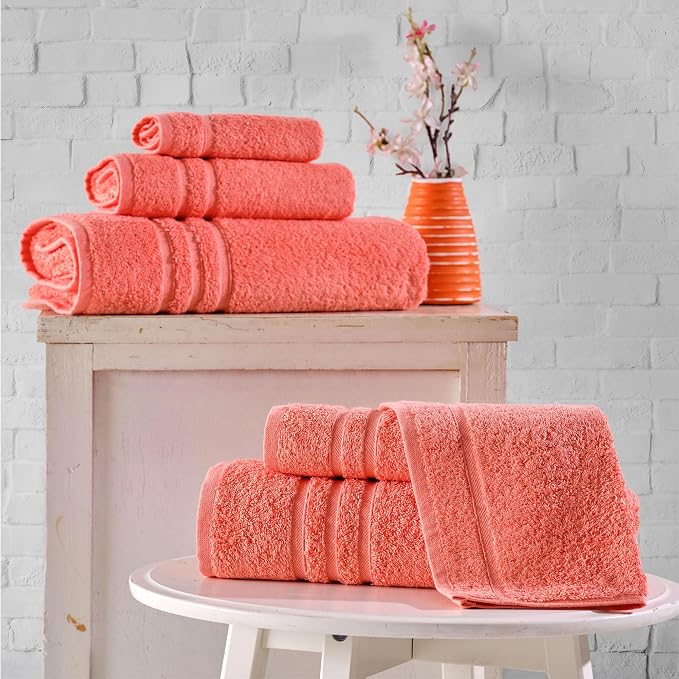 Hawmam Linen Coral Orange 6 Piece Bath Towels Set for Bathroom Original Turkish Cotton Soft, Absorbent and Premium 2 Bath Towels, 2 Hand Towels, 2 Washcloths