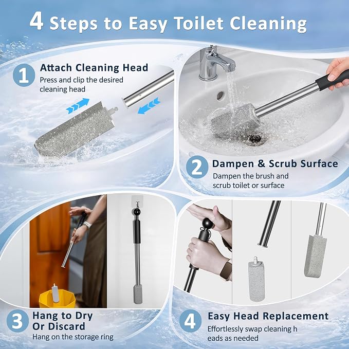 4-Pack Pumice Stone Cleaner with Handle & No-Touch Heads - Hard Water Ring, Limescale & Rust Remover for Toilet, Tub, Tile, Sink, Pool & Grill Surfaces(Black)