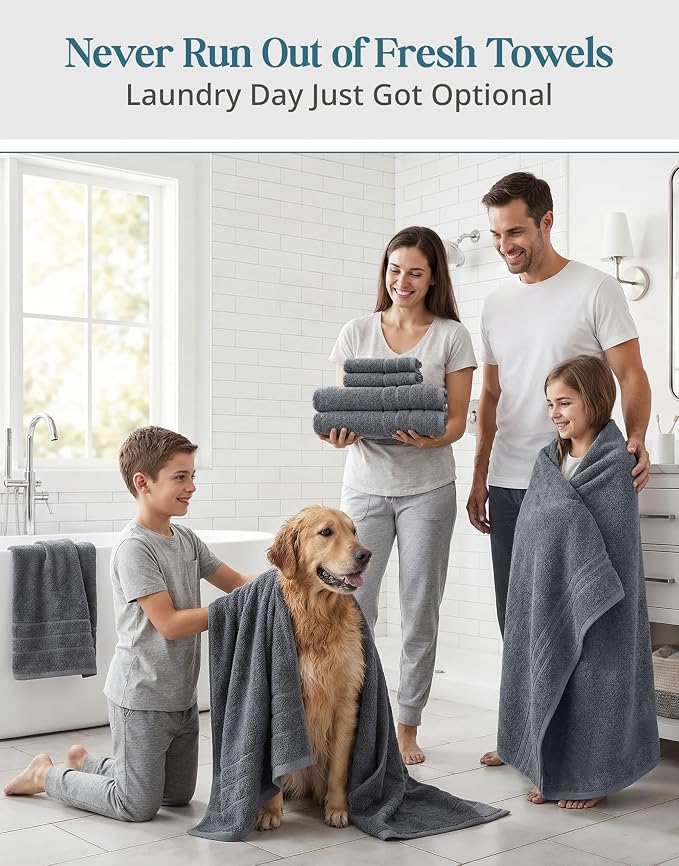 Casa Platino Bath Towel Set 100% Cotton 12 Piece Soft Absorbent - Cool Grey | Cotton Bath Towels - Densely Woven, Coordinated Colors, Dobby Border Accent, OEKO-TEX Certified, Ring-Spun Durability