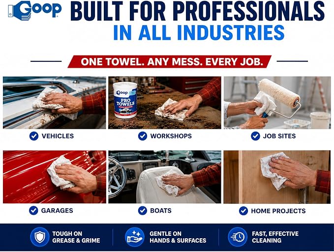 GOOP Pro Towels Heavy-Duty Multi-Surface Cleaning Wipes – Removes Engine Grease, Grime & Paint – Safe for Tools, Machinery & Painted Surfaces – 90 Extra Large 10" x 12" Towels (Pack of 6)