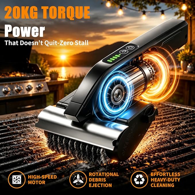 Electric Grill Brush Cleaner, High Torque BBQ Bristle-Free Cleaner – Rechargeable Cordless with LED Light, Splash Guard & Scraper, Heavy Duty Grill Cleaner Tool for Outdoor Grill, Gift for Men Dad