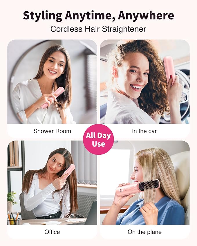 Bopcal Cordless Hair Straightener Brush, 10000mAh Rechargeable Ionic Hair Styling Comb, 30s Fast Heating Anti-Frizz Straightening Brush for Smooth Salon Results, Gift for Women