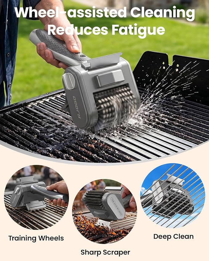 Electric Grill Brush for Outdoor Grill, Cordless BBQ Cleaner with LED Light, Scraper, Dishwasher‑Safe Bristles, 4000 mAh Battery, Rechargeable Power Grill Scrubber (Silver)