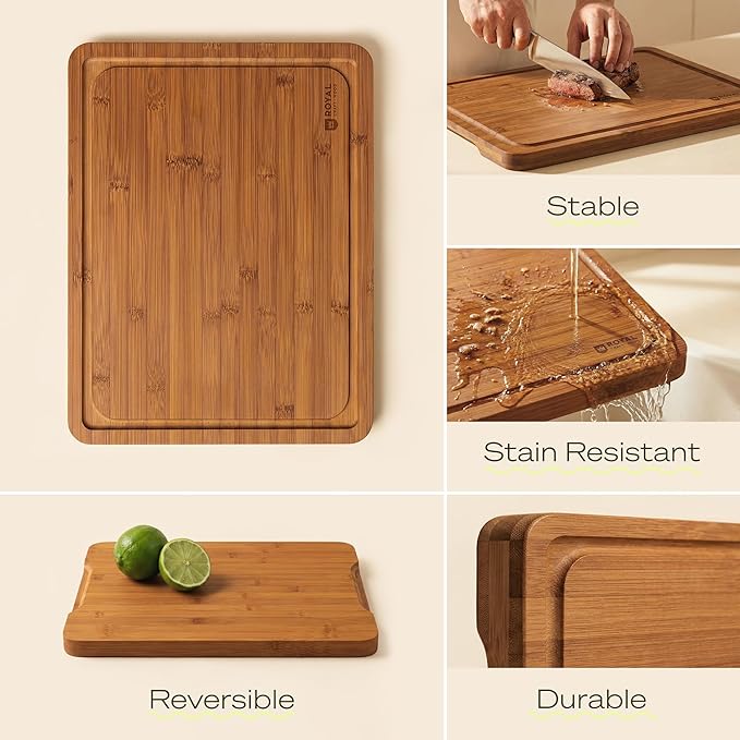 ROYAL CRAFT WOOD Wooden Cutting Boards for Kitchen Meal Prep & Serving - Bamboo Non Toxic Cutting Board Set with Deep Juice Groove Side Handles - Charcuterie & Chopping Butcher Block for Meat (3 Pcs)