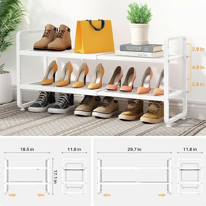 SNTD Shoe Rack - Expandable Shoe Organizer for Closet, Adjustable Metal Shoe Shelf Storage, Stackable Long Shoe Stand Holder for Garage, Entryway, Door Entrance (White, 2-Tier)