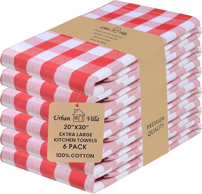 Urban Villa Kitchen Towels 100% Cotton Dish Towels for Kitchen (Set of 6) 20”x30” Dish Cloths Highly Absorbent Kitchen Linen Set with Hanging Loop Perfect for Drying Dishes Cleaning – Red White