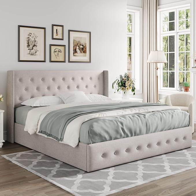 Allewie Queen Size Lift Up Storage Button-Tufted Bed Frame Light Beige | Modern Wingback Headboard, Hydraulic Support Storage, No Box Spring Needed