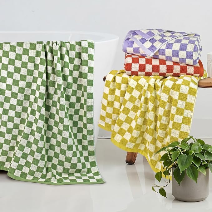 Checkered Bath Towels Set of 4 - Cotton Towels for Bathroom, Beach, Pool | Shower Towels (Purple, Yellow, Green, Orange), 520GSM