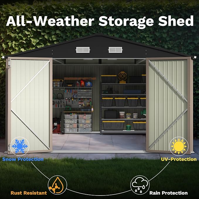 Patiowell 10x14 FT Storage Shed, Outdoor Metal Steel Garden Shed with Lockable Door and Sloping Roof, Large Outside Utility Tool Sheds for Backyard Garden Patio, Brown
