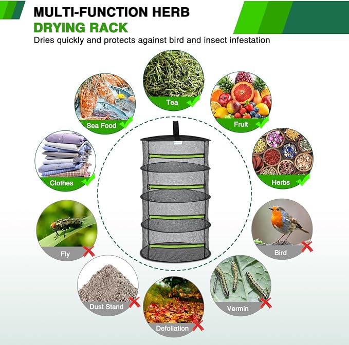 Yesker 4 Layer Herb Drying Rack Hanging Mesh Net Foldable Plant Drying Racks 24" w Green Zipper Pruning Shears Hook Dryer Hanging Rack for Herbs Seed Bud Fruit Clothes Grow Tent Closets Garden Outdoor | 24" w Green Zipper Pruning Shears Hook Dryer Hang...