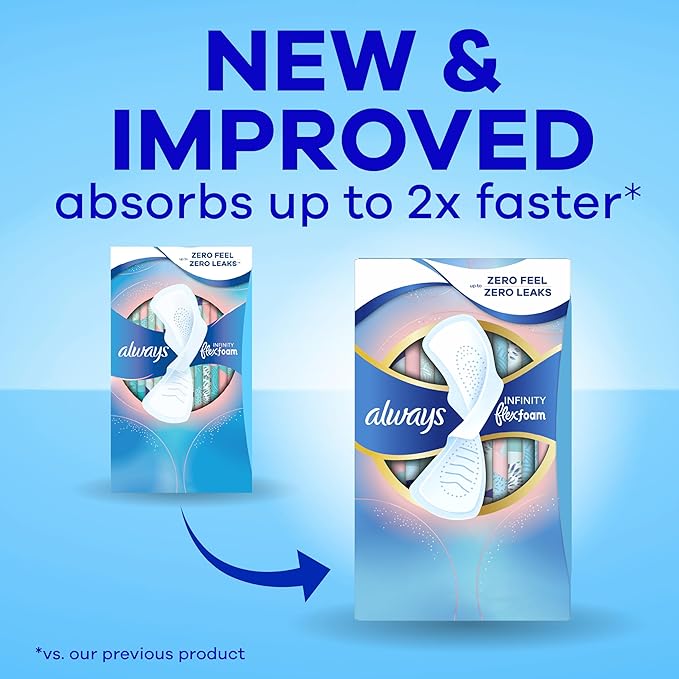 Always Infinity Feminine Pads for Women, Flexfoam Pads with Wings, Size 1, Regular Absorbency, Unscented, 108 Count (3 Packs of 36)