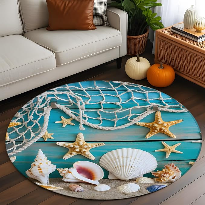 4 Ft Round Rug for Home Office, Beach Starfish Indoor Accent Rugs for Living Room, Ocean Conch Fishing Net Blue Wood Grain Decorative Circle Carpet Washable Low Pile Non Slip, Soft Rug for Bedroom