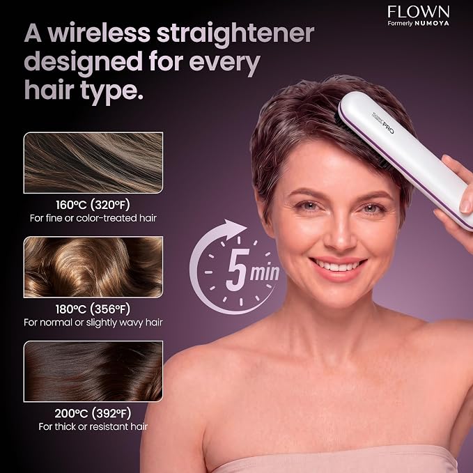 flown® Original Go Brush PRO [Five Minutes Hair Styling Routine] - No Damage Heat Brush with USB-C Charger - Electric Travel Pocket Brush for All Hair Types - White (Formerly Numoya)