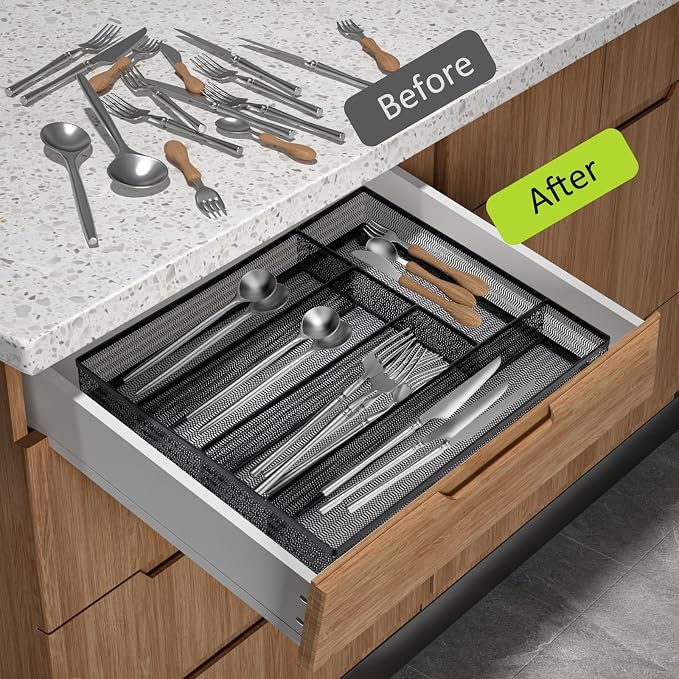 Neudeco Silverware Drawer Organizer, Black | 5 Compartment, Mesh Wire, Non-Slip Feet, Cutlery Tray