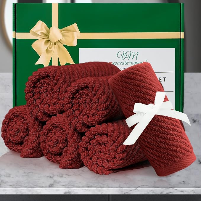 VOOVA & MOVAS Washcloths 6PC, 100% Cotton, 13x13 in, Burgundy Red | Quick Dry, Thick, Soft, Absorbent, Face Towels For Bathroom, Towel Gift Set, Great For Spa, Home, Travel