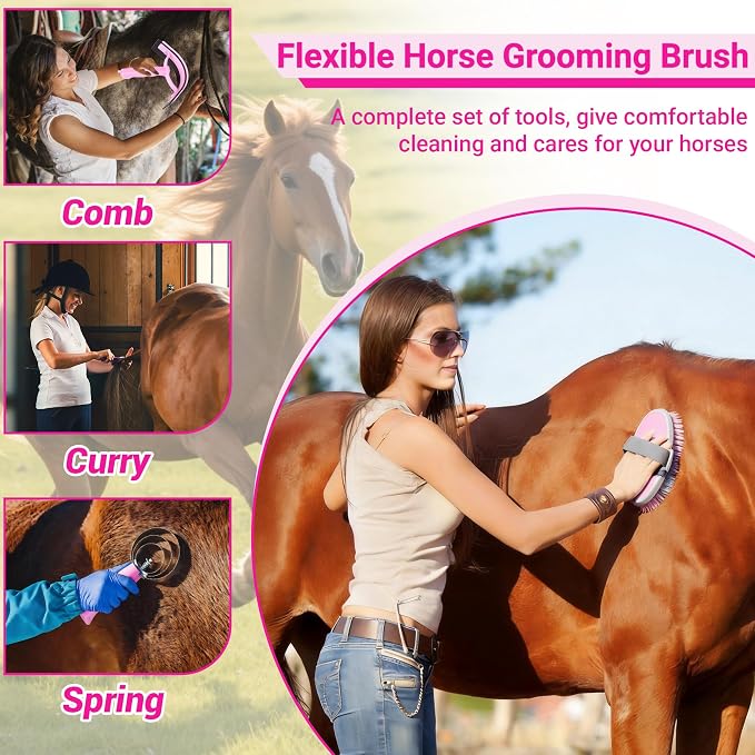Horse Grooming Kit, 14-in-1 Professional Horse Brush Supplies Set for Grooming & Care, with Horse Brushes, Curry Comb, Hoof Pick & Waterproof Storage Tote Bag for Shining, Detangling, Massaging(Pink)