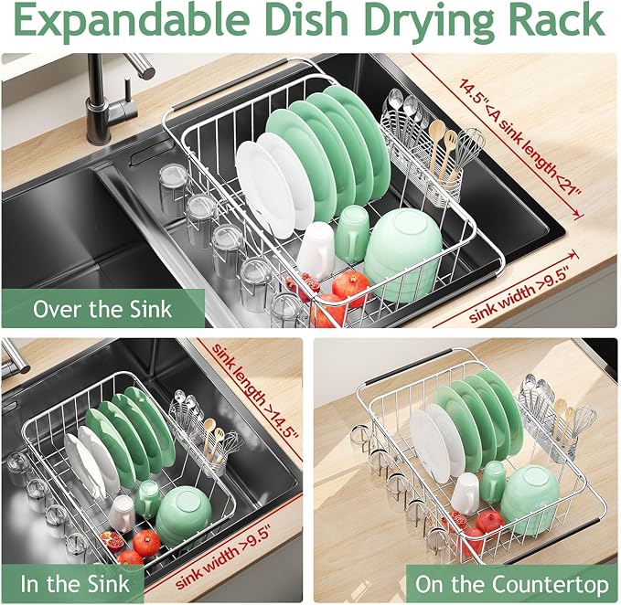 Small Dish Drying Rack in Sink, Extendable Stainless Steel Dish Drainers for Kitchen Counter, Anti-Rust Dish Dryer Rack with Utensil & Cup Holders, for Inside Sink, Over The Sink(for 1-2 People)