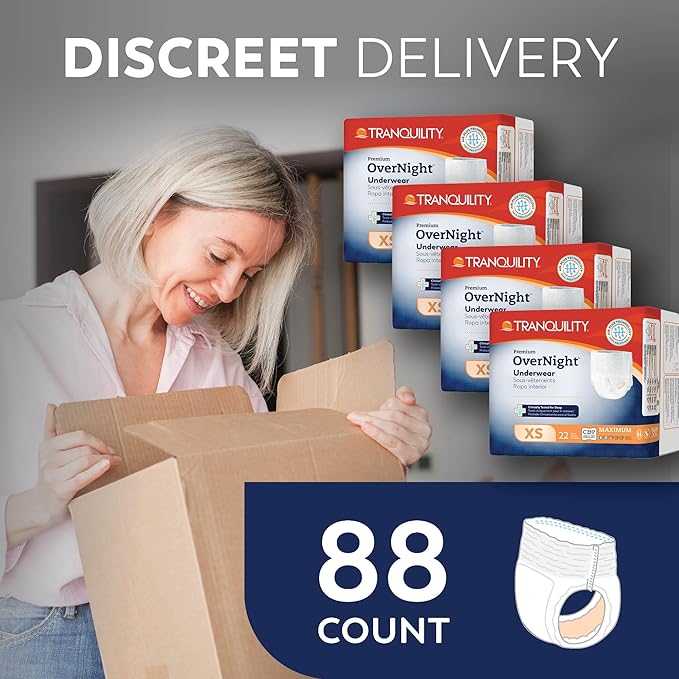 Tranquility Premium OverNight Disposable Absorbent Underwear (88 Count) - XS, 17-28 in. Waist - Maximum Absorbency, All-Night Sleep, Breathable Comfort, 88 Adult Diapers