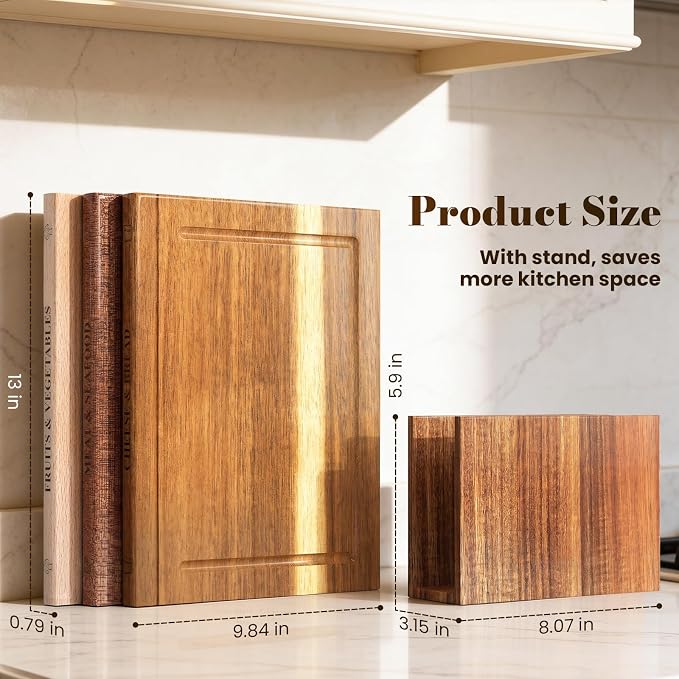 Book Cutting Board Set with Stand, 3PCS Acacia Book Cutting Boards, Library Chopping Board Set for Kitchen, Juice Groove, Three Categories of Tags, Gift for Book Lovers | Library Chopping Board Set for Kitchen, Juice Groove, Three Categories of Tags, G...