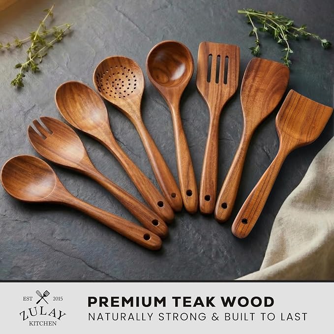 Zulay Kitchen Premium 8-Piece Wooden Spoons - Smooth Finish, Natural Teak Wood, Non-Stick, Handmade
