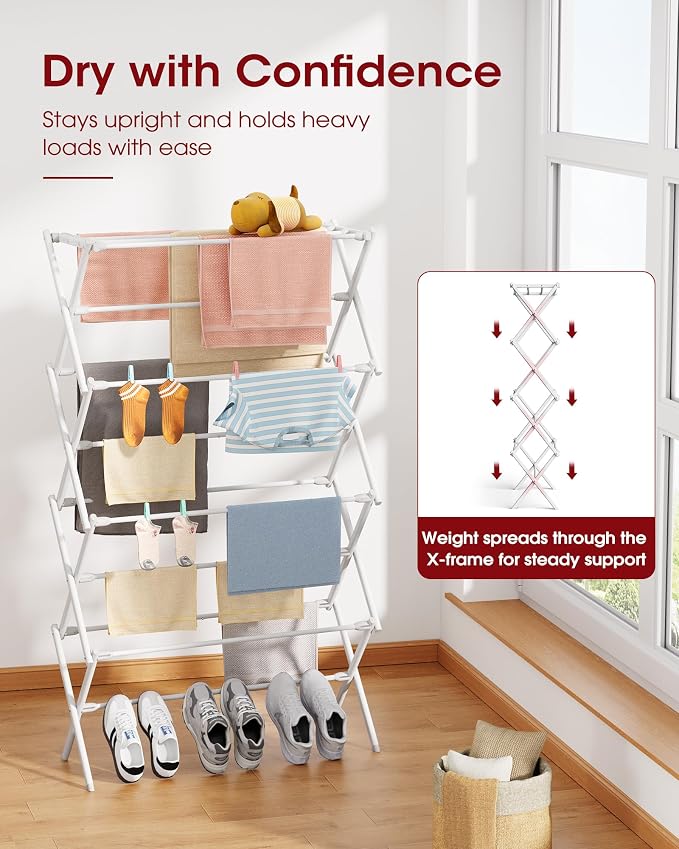 Sakugi Foldable 4-Tier Clothes Drying Rack 50.0" H with Non-Slip Feet | Indoor & Outdoor Use, Space Saving, Metal Frame, 11.4" D x 29.1" W, White