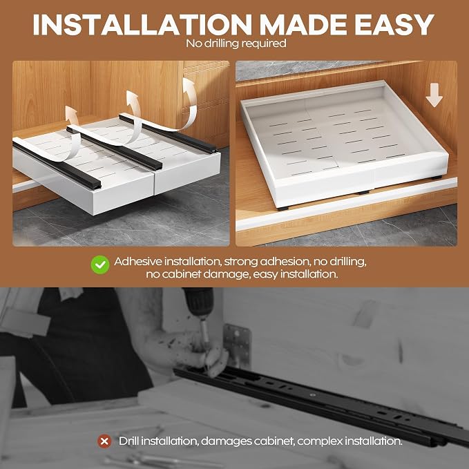 Seinloes 4Pack Expandable Pull Out Cabinet Organizer 21"Deep with Raising Pad for Framed Cabinets,Slide Out Drawers with 4pcs Divider Racks,Roll Out Shelves Adhesive,Adjustable Width 12.05"-20.4"White