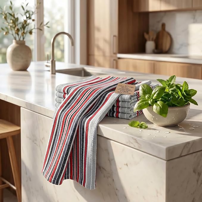 Urban Villa Kitchen Towels Waffle Stripes Dish Towels for Kitchen Grey Color Set of 6 Kitchen Towels Highly Absorbent Cotton Over Sized 20X30 in with Mitered Corners Kitchen Hand Tea Towels