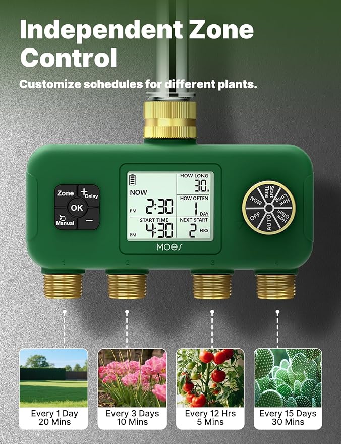 MOES 4 Zone Water Timer for Garden Hose, 1 in Inlet with 3/4 in Adapter, Brass Outlets, Battery Operated Sprinkler Timer, 4 Way Faucet Valve, Sequential Watering, Rain Delay, Non-WiFi