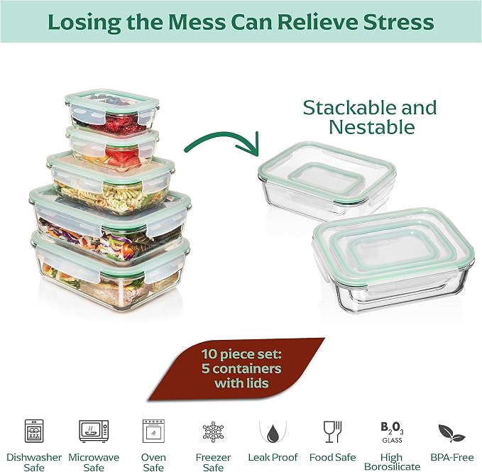 Family Pack - Glass Storage Containers - Airtight 5 Pack | Borosilicate Build, 2x72 oz 2x12.5 oz 1x35 oz, Microwave Oven Freezer Safe, Leak Resistant, Nesting Design